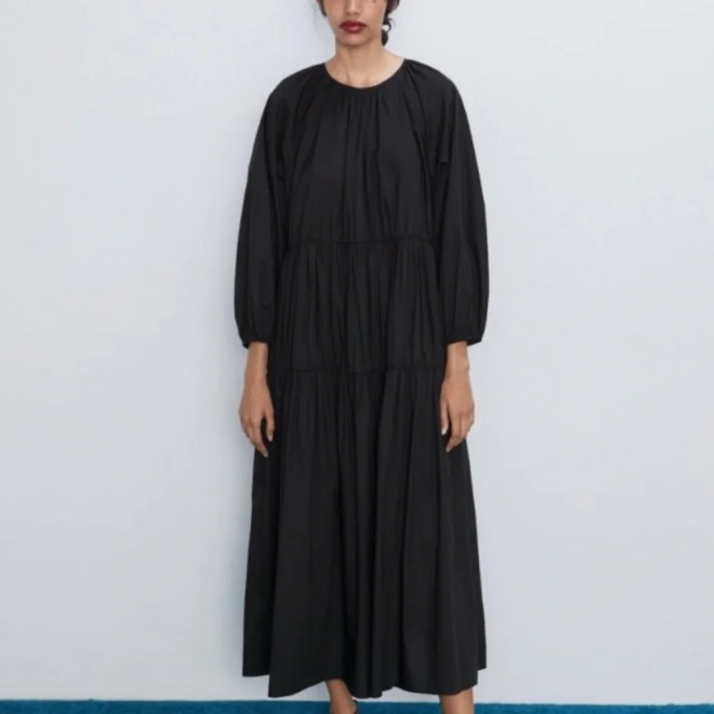 Zara Black maxi flowy ruffle Long Sleeve Dress - Picture 2 of 6